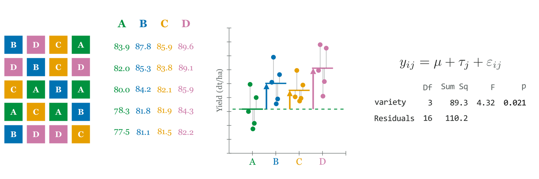 A field trial sorted by variety, plotted against yield and summarised by a linear model with ANOVA table.